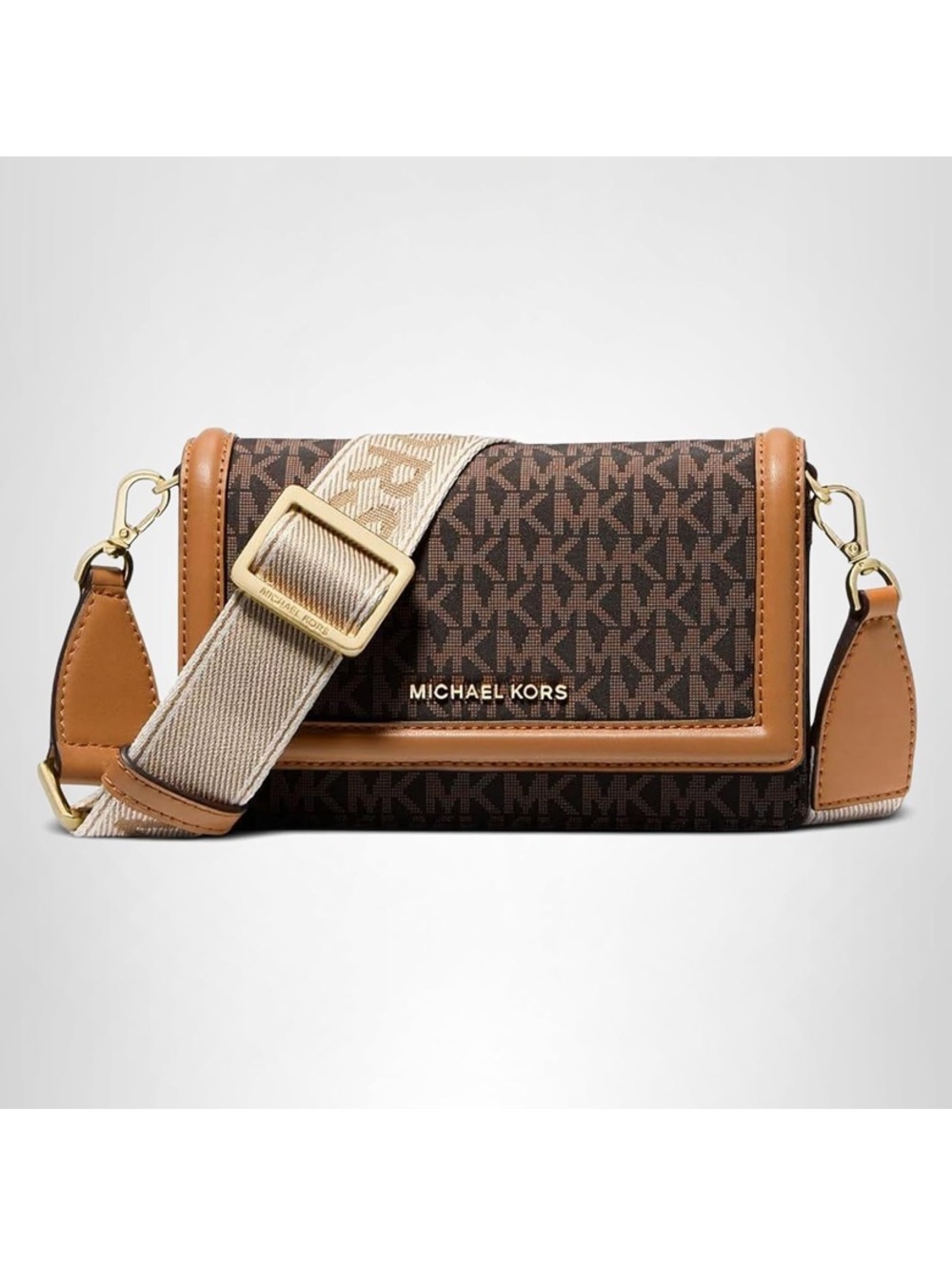 Michael Kors Brown MK Logo Crossbody with Tan Trim and Striped Strap